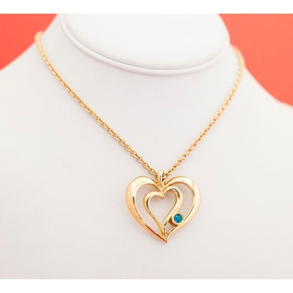 Vintage Double-Heart Sapphire Avon Necklace 28 Inches F13 - Picture 2 of 3
